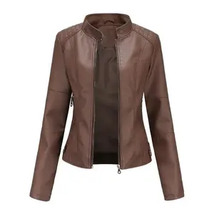 Women’s Faux Leather Motorcycle Jacket – 2025 Autumn/Spring Collection (Red, Black, Brown, Purple, Blue), Sizes 3XL–4XL, Coffee