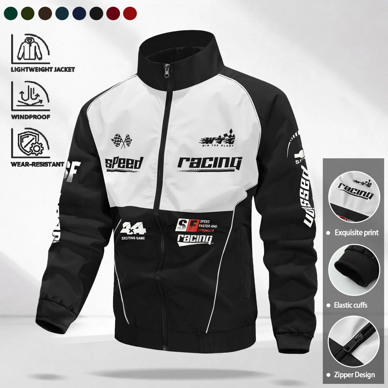 Men’s vintage racing jacket, lightweight windproof jacket, zip-up streetwear jacket featuring refined racing element prints and elastic cuffs, suitable for casual wear.