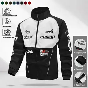 Men’s vintage racing jacket, lightweight windproof jacket, zip-up streetwear jacket featuring refined racing element prints and elastic cuffs, suitable for casual wear.