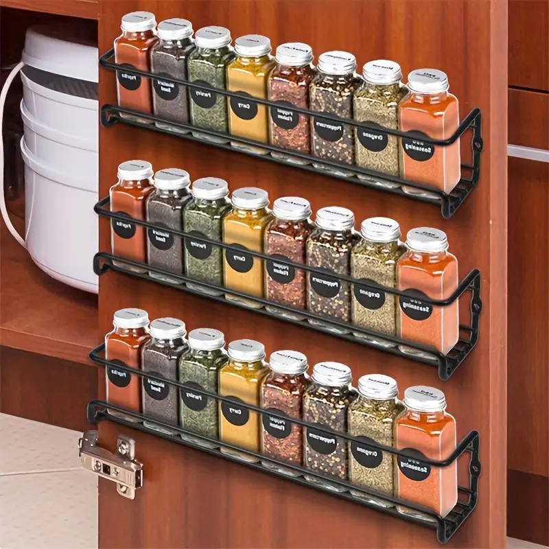 4pcs Condiment Spice Jar Storage Rack, Wall-Mounted Kitchen Metal Organizer, Durable and Easy to Clean, Counter Space, Ideal for Labeled Jars, Kitchen Essentials, Kitchen Storage Solutions