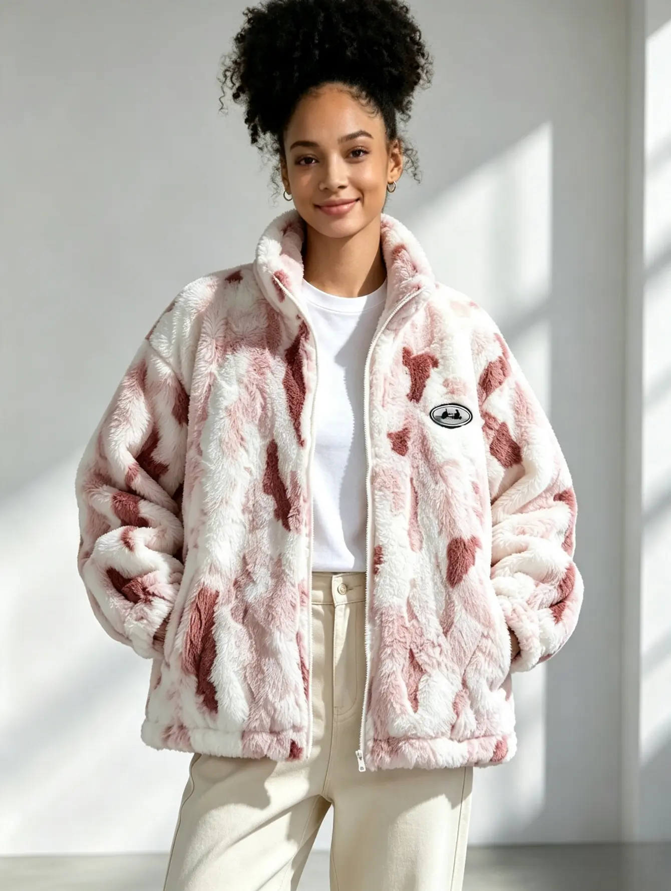 Women’s stand collar fleece jacket with an allover camouflage pattern, smooth long zipper closure, uniform topstitching, cropped length with a fitted waistline and drop shoulders for a relaxed fit, small logo detail at the chest, suitable for commuting an