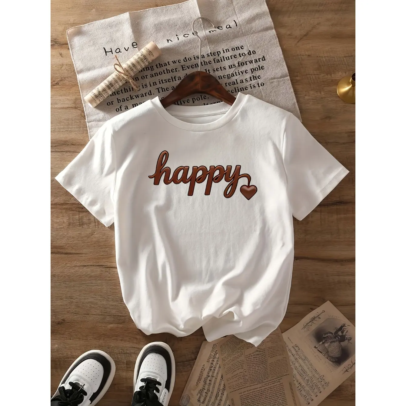Men's happy and cute Graphic T-Shirt - Short Sleeve Crew Neck Regular Fit Casual Wear |   Soft & Breathable Fabric, Durable Print, Everyday Comfort, Machine Washable, vintage flat lay style indoor wooden floor