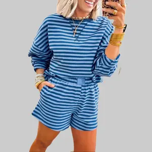 Dear-Lover Women's Matching 2-Piece Striped Outfit for Lady, 95% Cotton 5% Elastane Round Neck Drop Shoulder Longsleeves Pullover Top, Elastic Waist Breathable Stretchy Casual Shorts