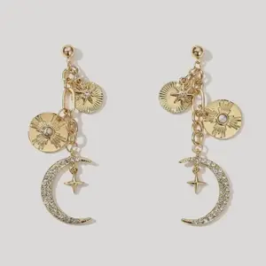 Celestial Coin Charm Earrings with Moon & Star Pendants Gold-Tone Dangle Earrings for Women