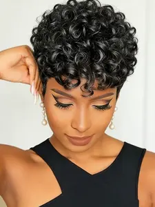 Short Black Layered Wavy Pixie Cut Wig Human Hair with Bangs for Women