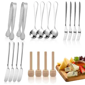 18 Pieces Charcuterie Board Accessories Stainless Steel Cheese Butter Spreader Knives Set Include Mini Serving Tongs, Knives, Spoons, Forks, Honey Dippers for Party Wedding Christmas Cutlery Tableware