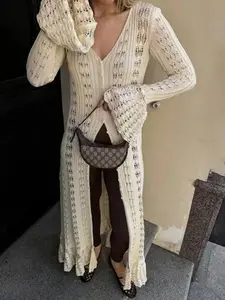 Pure Color Long Style Flare Sleeve Knit Cardigan, Fashion Casual Flared Hollow Out Knitted Lightweight Cover Up Womenswear, Fitted Moderate Fabric, All Seasons Wear Knitwear