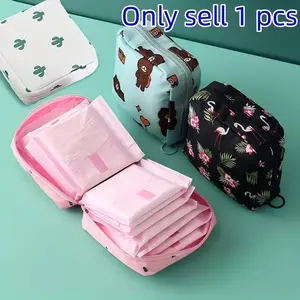 Portable Menstrual Pad Storage Bag, Cartoon Pattern Sanitary Napkin Organizer, Compact Zippered Space-Saving Small Bag, Multi-Functional Travel & Home Organizer, Multifunctional Storage Solution, Space Saving Bags