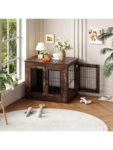 31 Inch Farmhouse Dog Crate Furniture With Double Doors, Heavy Duty Wooden Dog Kennel End Table For Small/Medium Dogs, Indoor Dog House Cage Anti-Chew Pet Furniture