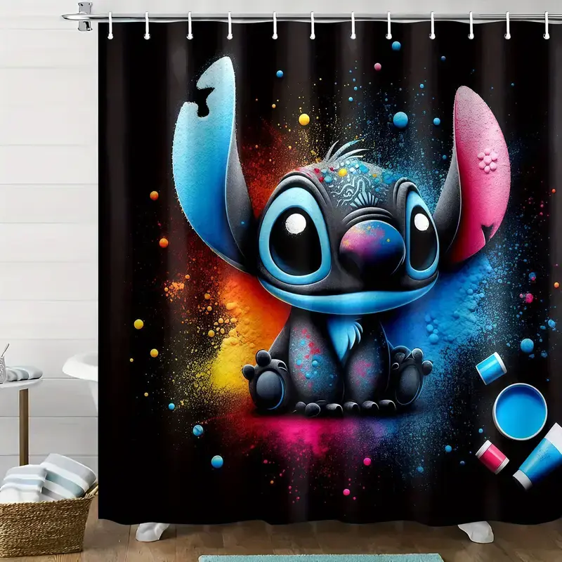 DISNEY CLASSIC Stitch Shower Curtain - Vibrant Galaxy Design with Colorful Splatter, Durable Polyester Fabric, Easy to Clean, Shower Curtains for Bathroom
