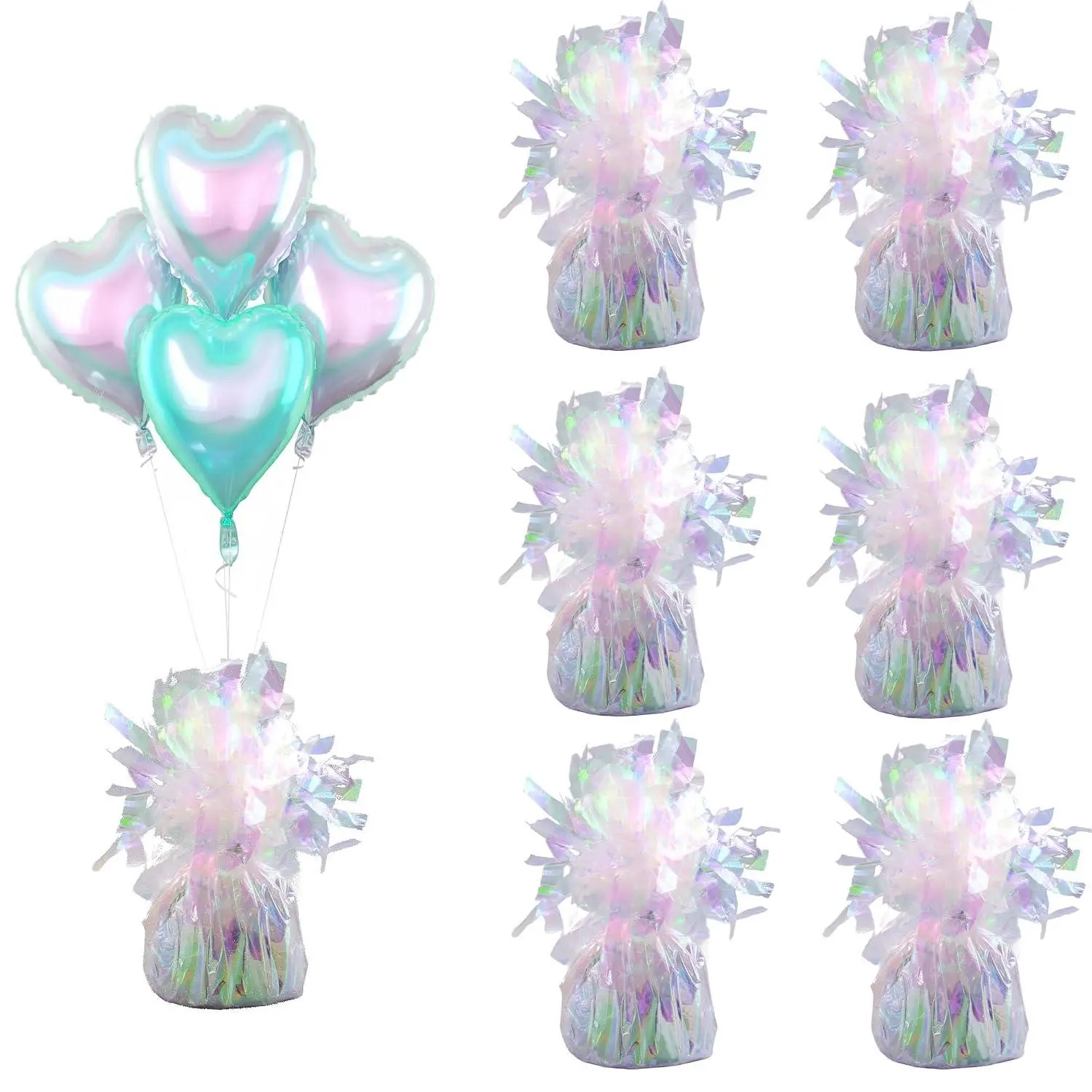 Aluminum Foil Balloon Weights For Parties (6 Pcs) - 0.31Lb (140G) Each - Premium Balloon Anchors For Birthday, Wedding, Dinner, Indoor & Outdoor Decorations(Lridescent 6Pcs)