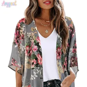 Anygoal Women's Floral Print Chiffon Kimono Cardigan, 3/4 Sleeve Sheer Open Front Beach Cover Up,Beach Cover Ups for Women  Lightweight Loose Fit Summer Blouse for Beach Trips, Pool Parties, Daily Wear and Vacation Outfits summervibes street style jacket