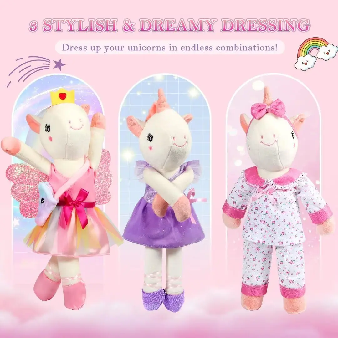 16-in Adorable Stuffed Unicorn Ballerina Doll for 3-6 Years Olds, 3 Outfits, Ballet Shoes, Plush Bag, Role Play Accessories, Girls' Birthday Gift (Toys & Hobbies, Stuffed Toys), Childhood Stuffed Animal, Cute Dolls