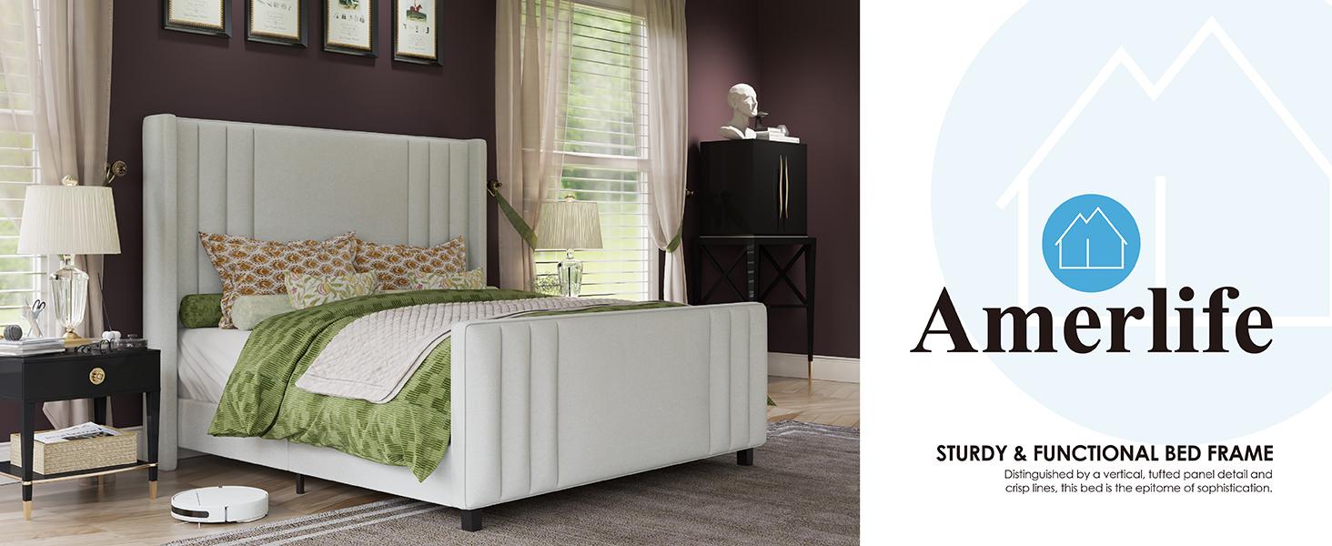 AMERLIFE Modern Bed Frame, Upholstered  Platform Bed with Vertical Channel Tufted Headboard & Footboard, Premium Velvet, Queen/King Size/Unique Bedroom Furniture/Best Gift Ideas/Christmas Gifts