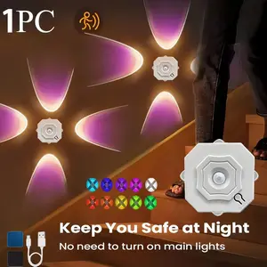 Motionics Mini LED Motion Sensor Light, adjustable RGB gradient smart wall lamp, three/seven color modes, four-head cat-eye night light, USB rechargeable