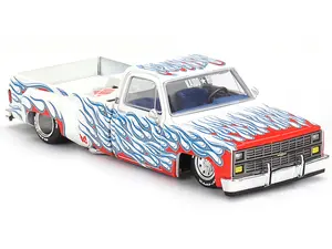 Chevrolet Silverado Dually Pickup Truck "On Fire V2" White Metallic with Blue Flames and Blue Interior (Designed by Jun Imai) "Kaido House" Special 1/64 Diecast Model Car by Mini GT