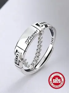 925 Sterling Silver Vintage Letter Design Engraved Ring, Adjustable Chain Design Ring for Women & Girls, Fashion Jewelry for Party, Daily Decor, Trendy All-match & Exquisite Jewelry for Birthday Gift, Valentine's Day, Gift