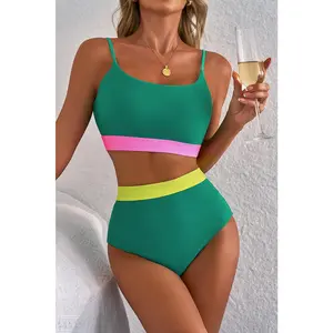 Sea Green Contrast Trim Colorblock Patchwork High Waisted Bikini