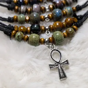 Ceramic Beaded Small Ankh Charm Boho Hippie Whimsical Adjustable Black Rope Cord Choker Stacking Necklace
