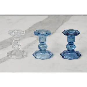 Glass Scalloped Candlesticks, Blue, Set of 3