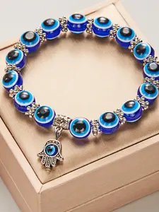 1 pecs SAZAO Evil Eye Bracelet Blue Beaded Charm Stretch Bracelet Blue Eye Elastic Amulet Bracelet Valentine's Day Gift Protection And Blessings For Men And Women Bracelet with Charms