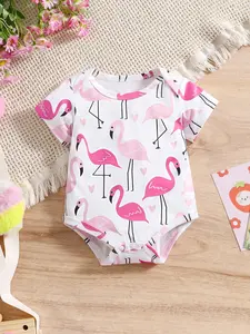 Summer Cute Cartoon Print Flamingo Onesie Newborn Baby Triangle Bib Pantsuit Short Sleeve Crawling Suit