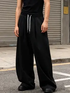 Men’s Drawstring Wide-Leg Sweatpants — Black, Drapey, Casual, Floor-Length