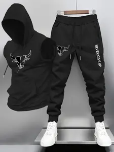 Men's Fashion Hooded Vest Long Pants Set, Bull Head Pattern & Never Give Up Motivational Print, Streetwear Sports Windbreaker Gift