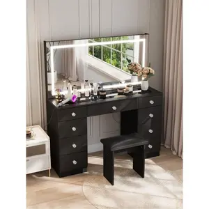 47.2" Large Vanity Desk With LED Lighted Mirror, Modern Makeup Vanity With Power Outlet, 9 Drawers And Soft Stool, 3 Color Light Modes, Brightness Adjustable, Bedroom Vanity Set Gifts For Girls Women, Halloween & Thanksgiving