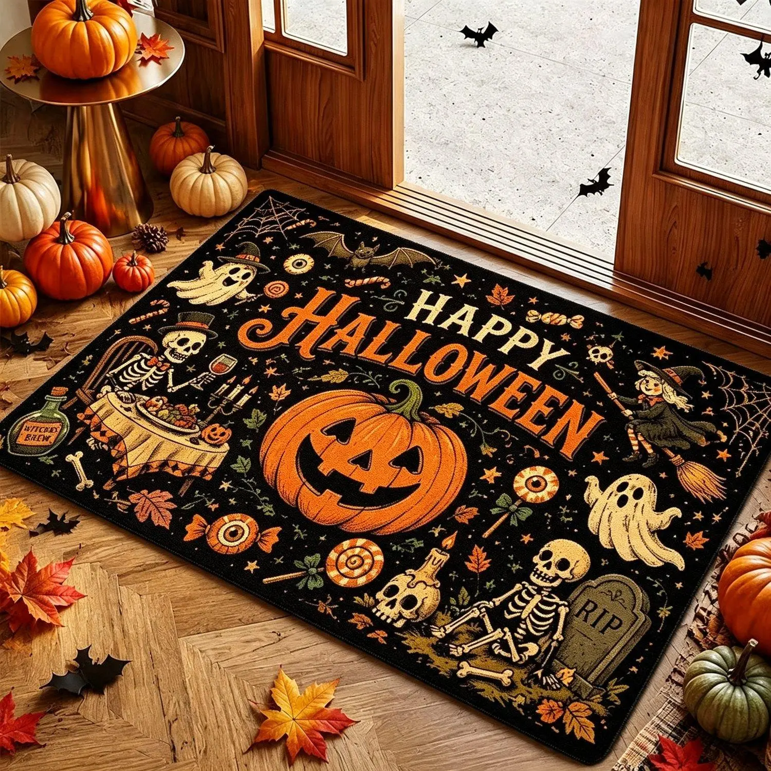 1pc Welcome Doormat Halloween Pumpkin Ghost Witch Skeleton Print Flannel Material Non-Slip Soft Easy to Clean Ideal Choice for Thanksgiving And Holiday Decoration with Vintage Orange Black Cartoon Style Design