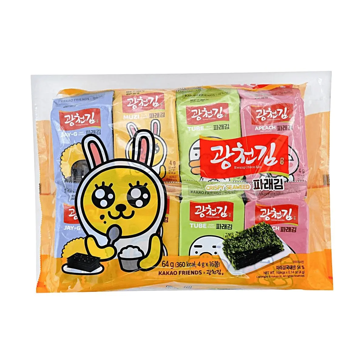 KWANGCHEONKIM Kakao Friends Seaweed Snacks - Korean Roasted Gim, Savory & Crispy, 16 Packs (64g)