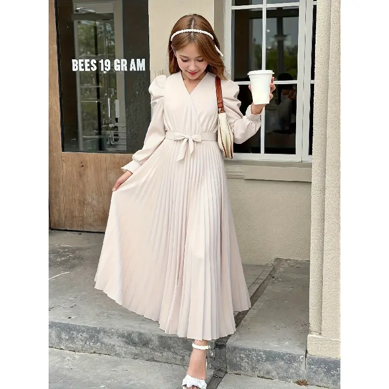 cute long sleeve dresses for teens Bjutir Girl Dress Casual Long Sleeve Backless With Waist Tie For Outdoor Summer Spring Fall Long Sleeve Crew Neck Cute Print Girls Dresses,Brown,12-13