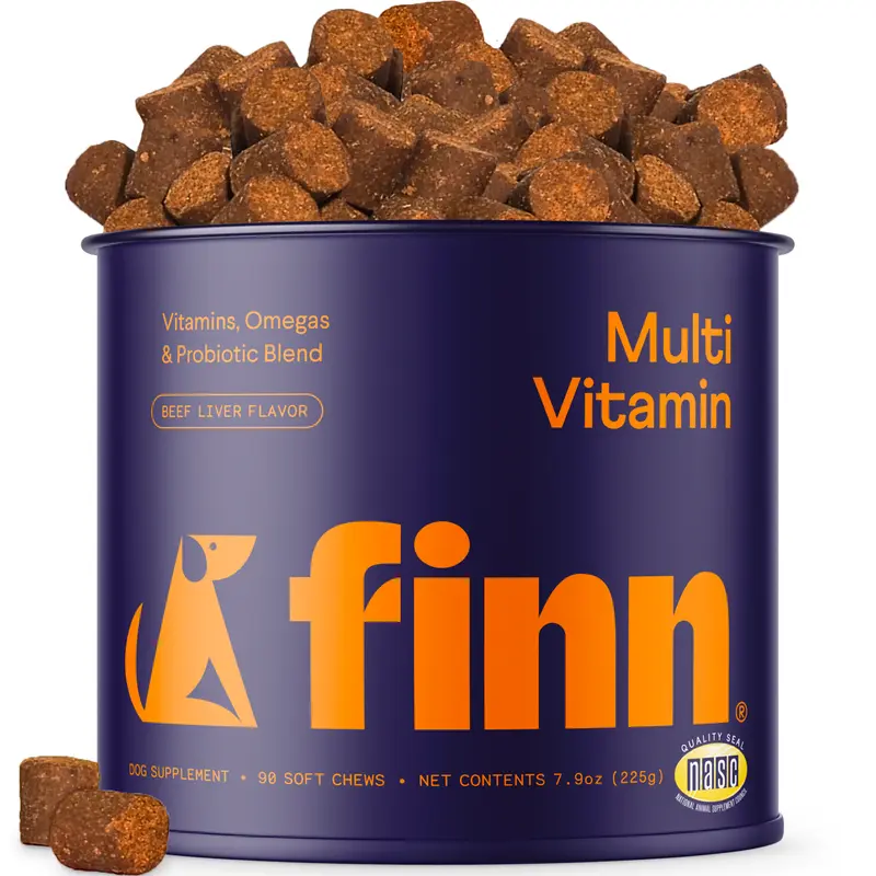 FINN All-in-1 Dog Multivitamin - Probiotics, Omega-3s, Glucosamine, Gut & Immune Health, Joint Support, Heart Health - Canine Nutritional Supplement – NASC Approved & Certified – Beef Liver Flavor – 90 Soft Chews