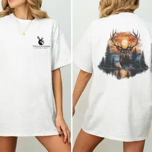 Deer Hunting Shirt, Deer Sunset T-shirt, Simply Printed Graphic Shirt, Daily Casual Cotton Womenswear