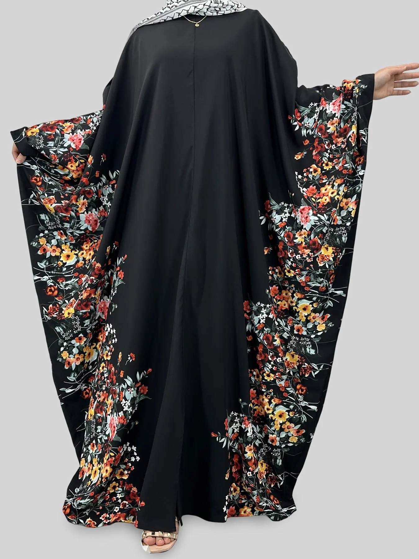Women's Floral Print Batwing Sleeve Abaya, Abayas for Eid, Modest Round Neck Long Sleeve Dress for Daily Wear, Elegant Islamic Clothing, Ladies Islamic Clothing for All Seasons