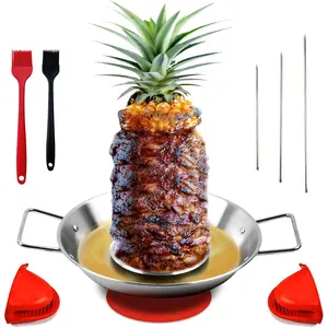 Al Pastor Skewer for Grill:Stainless Steel Vertical Stand, Brazilian Spit Stand with removable 3 Spikes, 2 Brushes, Anti-scalding Fittings,  Separator Tray, for Tacos Al Pastor, BBQ