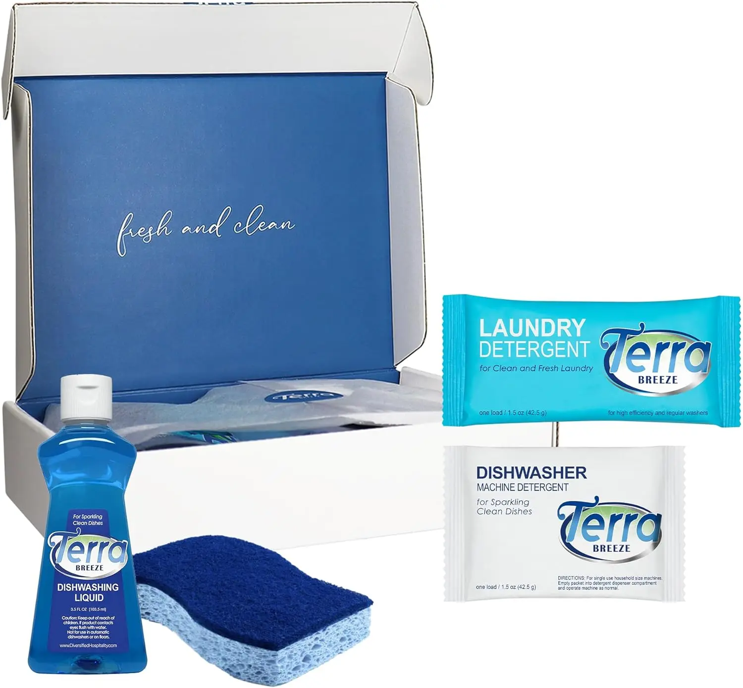 Terra Breeze Dish Set (20 boxes) | Sponge, A Bottle Of Liquid Dish Soap, A Packet Of Dishwasher Detergent Powder, A Packet Of High-Efficiency Laundry Detergent Powder Household Kitchen Cleaning