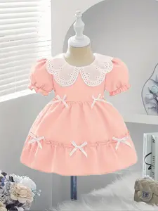 Cute baby girl summer dress with lace collar, bow tie hem, and puff sleeves, Bubble Dress Girl, fashionable and sweet dress, Valentine's Day gift, suitable for outdoor.