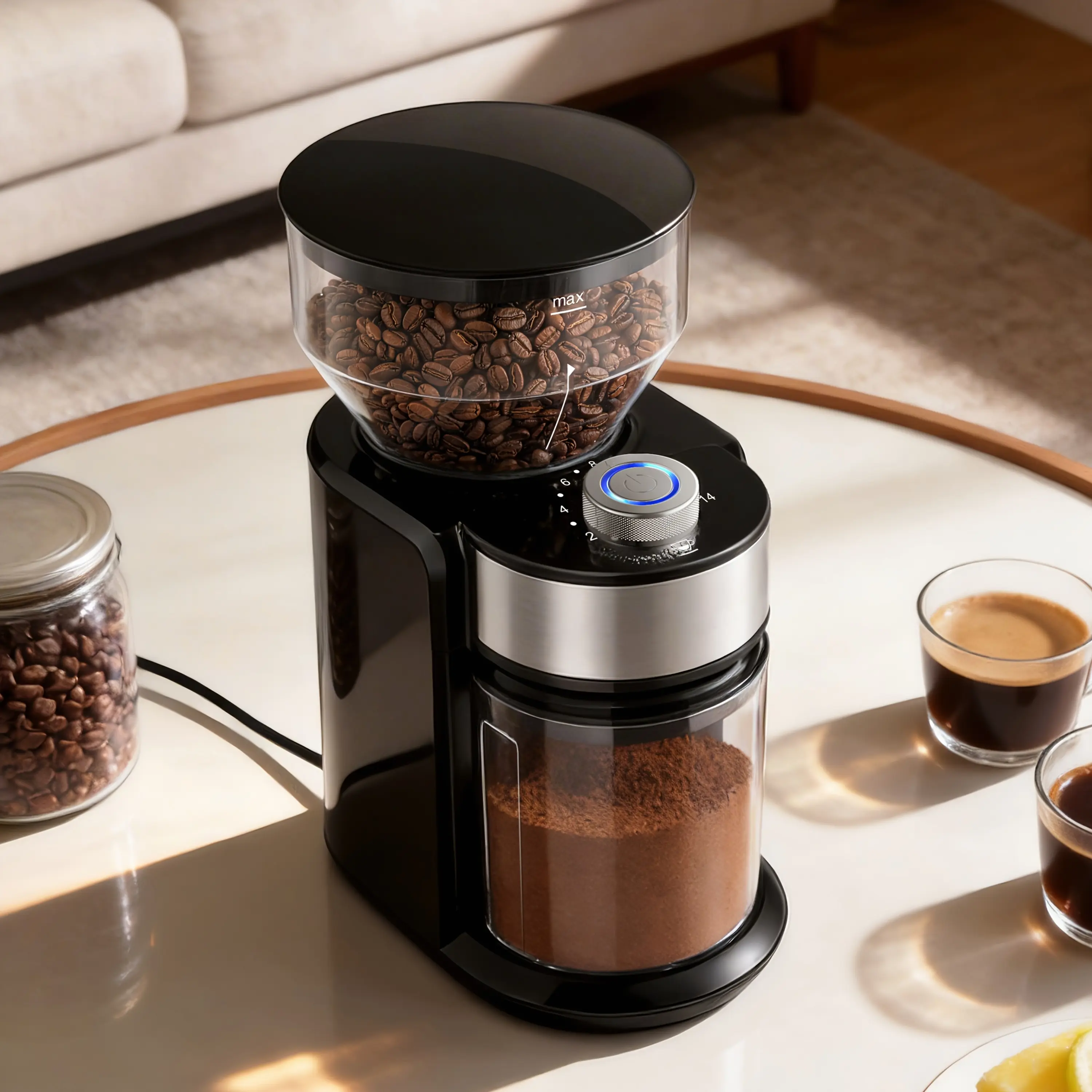 Electric Coffee Grinder with Adjustable Burrs, 15 Precise Grinder Settings for 2-14 Cups, Black