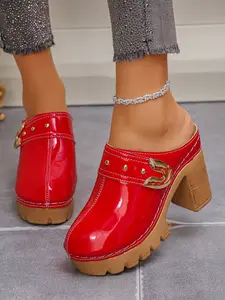 Women's Fashion High Heel Sandals, Closed Toe, Thick Heel, Slip-On, 9.5cm Heel Height, PU Leather, Rubber Sole, Less Than Ankle