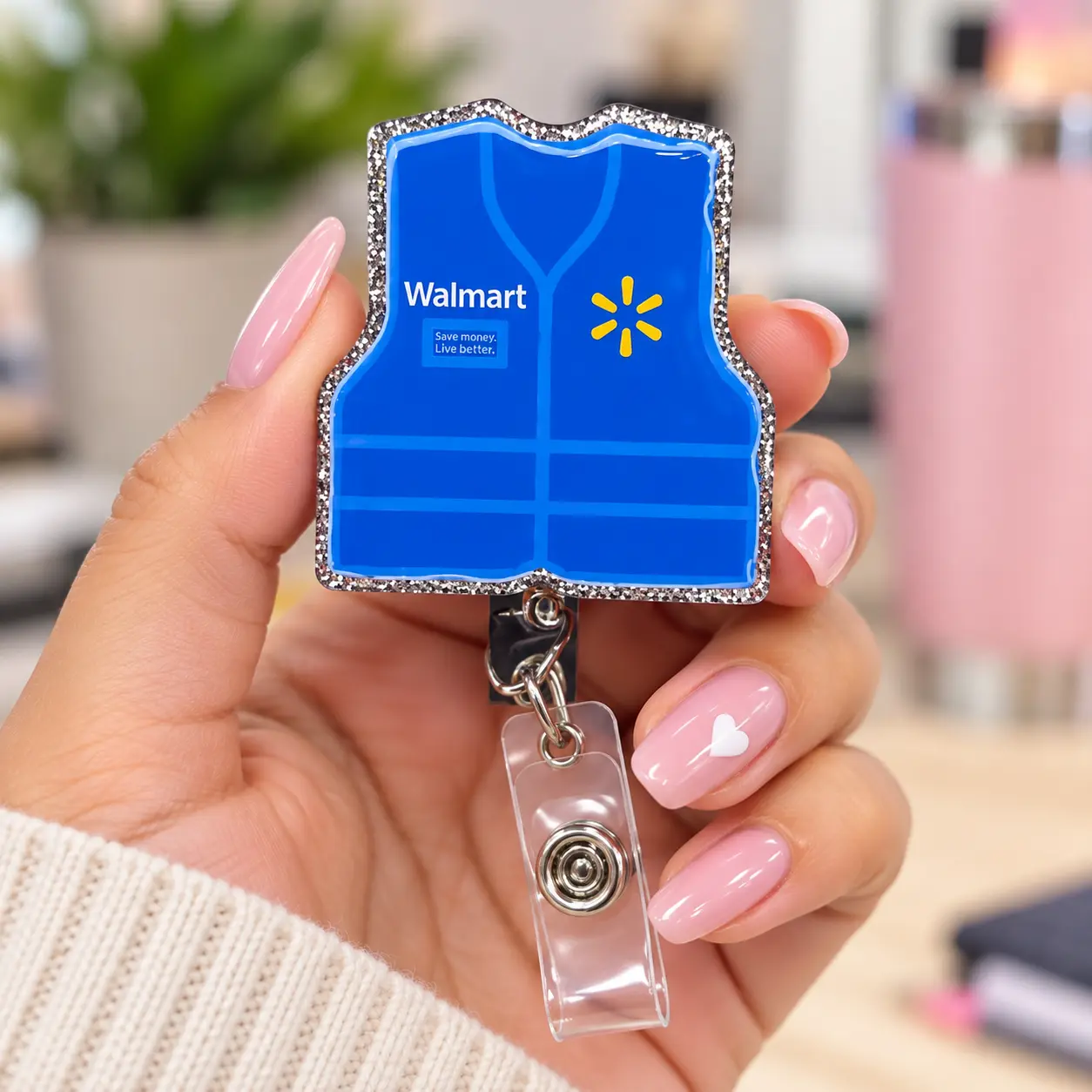 Walmart Blue Vest Badge Reel, Retractable ID Badge Holder, Retail Employee Work Accessory, Sparkle Style Uniform Vest Design