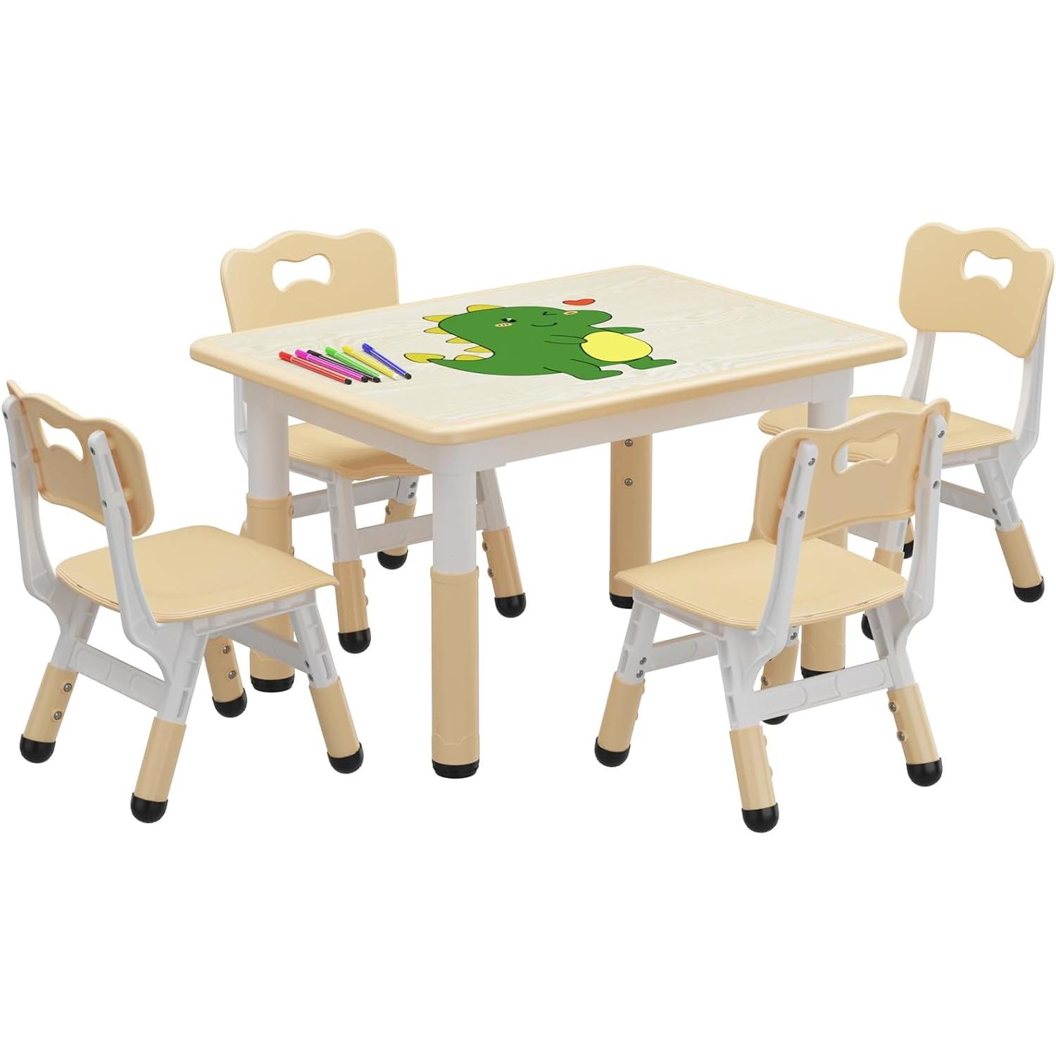 Kids Table and Chair Set, Height Adjustable Toddler Table and 4 Chairs Set for Ages 2-10, Graffiti Desktop, Non-Slip Legs, Children Activity Table for
