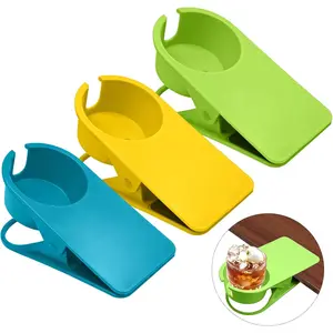 3 Pack Drinking Cup Holder Clip with Side Hole, Desk & Chair Side Drink Holder Clamp for Water Beverage Soda Coffee Mug, Green Blue Yellow