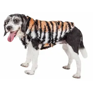 212 MAIN Luxe Tigerbone Tiger-Print Faux Fur Dog Coat Jacket, Golden Brown/Black & White, Medium, Stylish Look, Warm Insulation