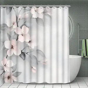 1/3/4PCS Pink and Gray Floral Shower Curtain Set, 71x71 Inches, Includes Background Pattern, Comes with 12 Hooks, Bathroom Decor