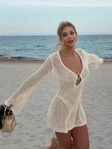 New Women's Fashion One-Piece Hollow Out V-Neck Dress, Long Sleeve Elegant Sweater, Sexy Beachwear, Beach Cover Ups, Swimsuit Cover Up, Swimwear Cover Up, Classic Apricot Short Knit Dress, Beach Coverup, Bathing Suit Cover Up