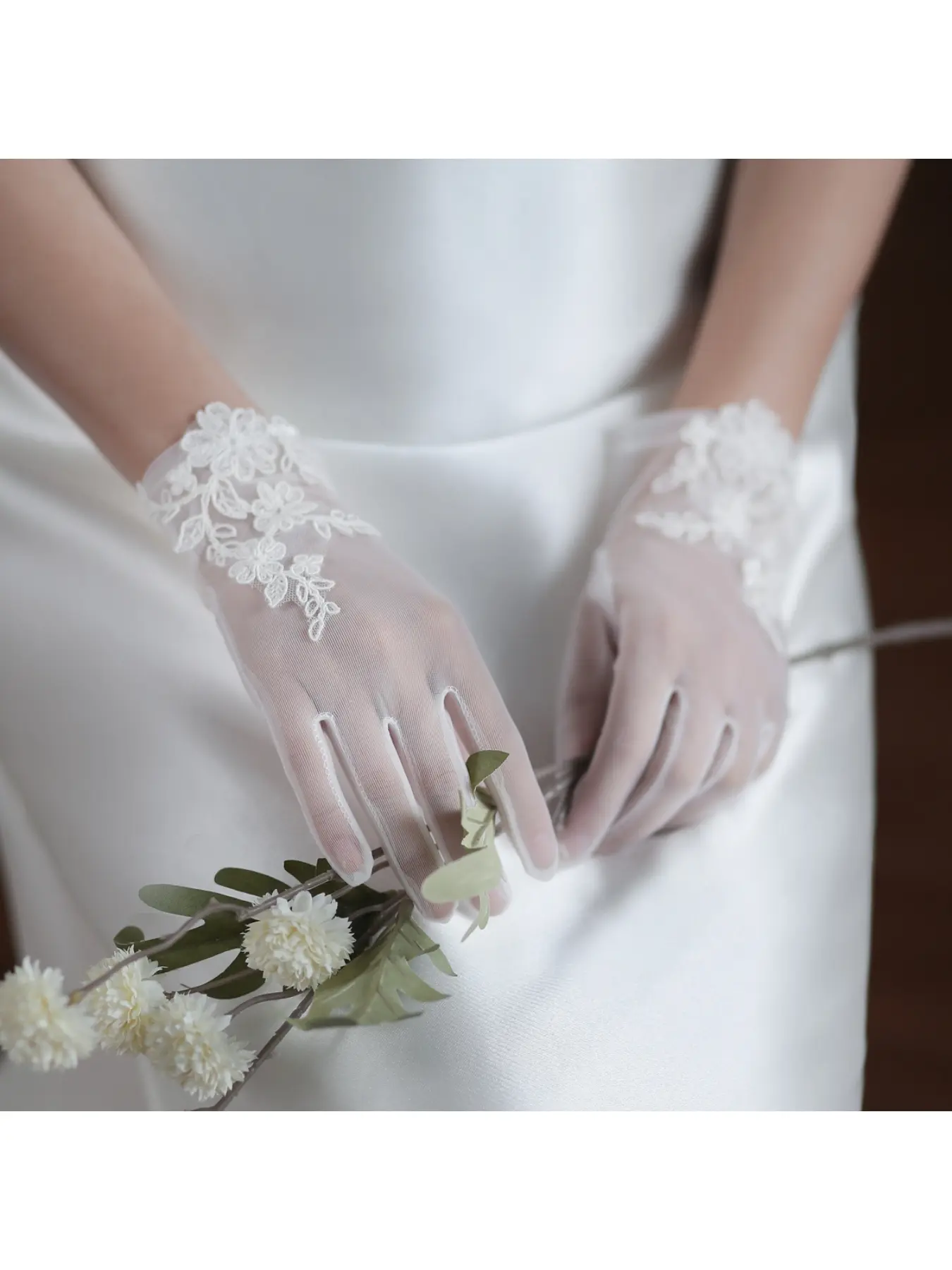 White wedding gloves, elegant and ethereal short lace gloves for wedding photography, dinner parties, and events