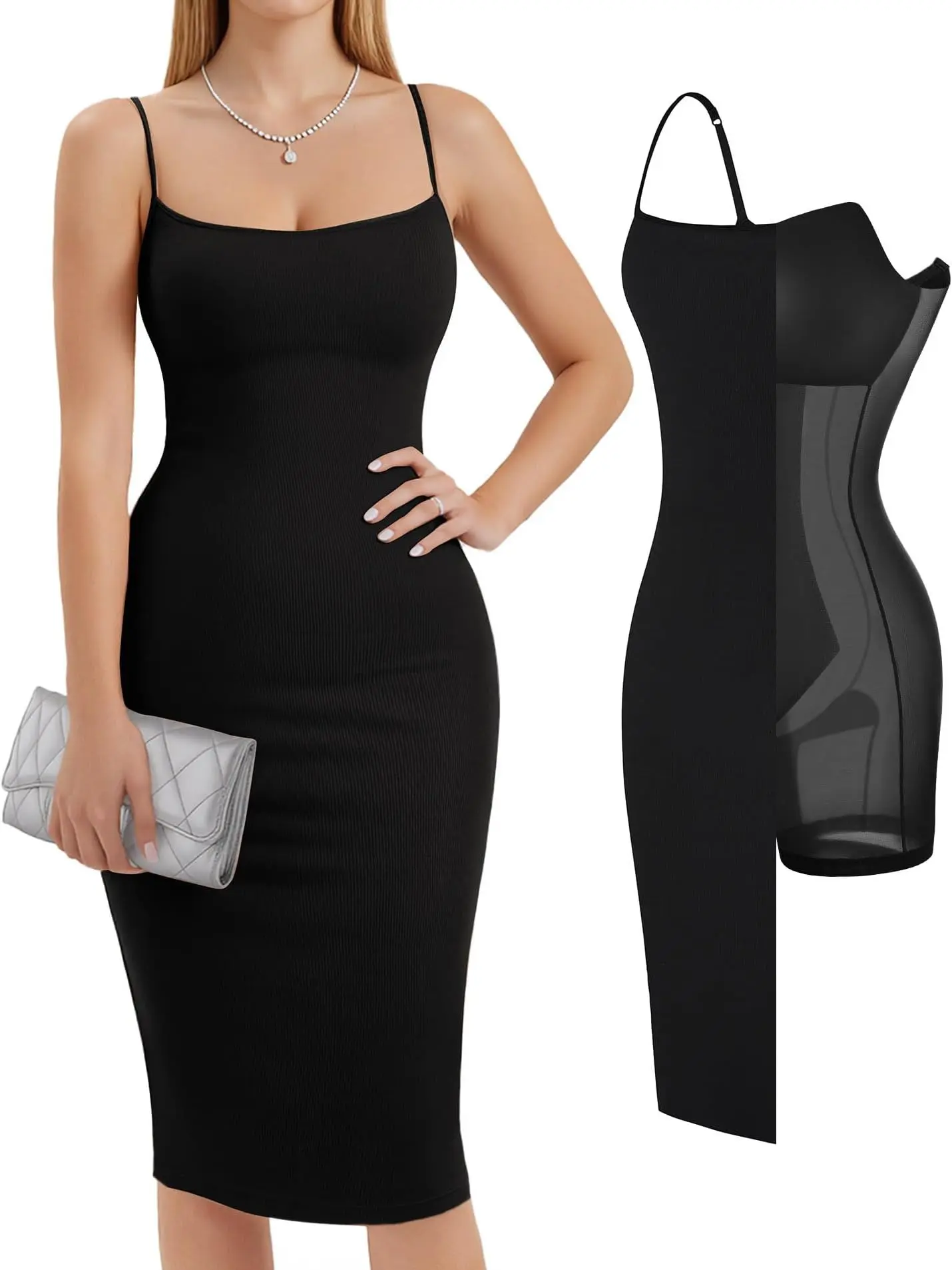 Popilush Slip Midi Dress Built-In Shapewear Spaghetti Straps Tummy Control Bodycon Sexy Casual Fabric Popilush Slip Midi Dress Built-In Shapewear Spaghetti Straps Tummy Control Bodycon Sexy Casual Fabric