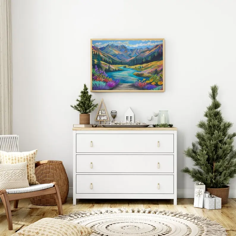 Colorful Mountain Landscape Grand Teton Print, Watercolor Painting, Rocky Mountain Wall Decor, Farmhouse Decor, River Landscape Nursery Art