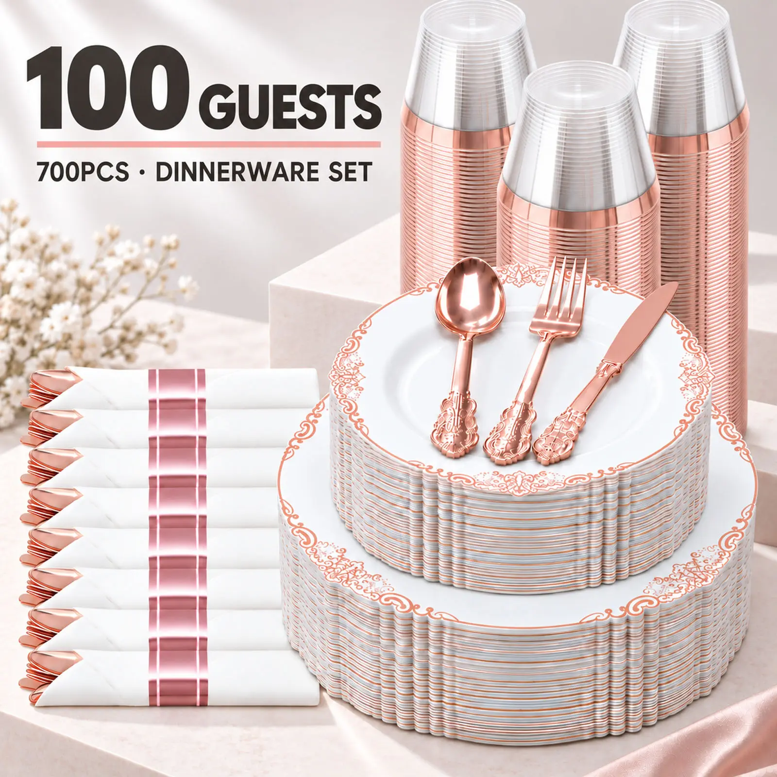700pcs Rose Golden Disposable Dinnerware Set for 100 Guests, Plastic Plates with Rose Golden Rim, Cups, Forks, Knives, Spoons And Pre-Rolled Napkins for Wedding, Birthday And Party